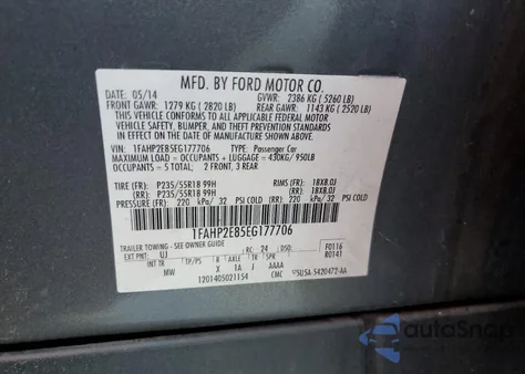 2014 Ford Taurus Sel из США, поврежденный, VIN 1FAHP2E85EG177706